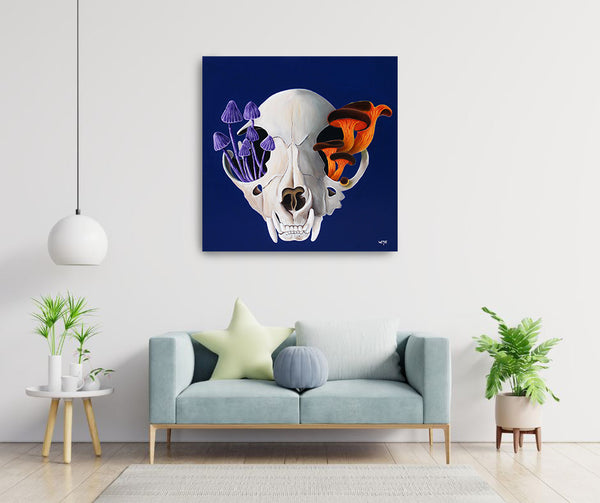 Cat Skull with Mushrooms
